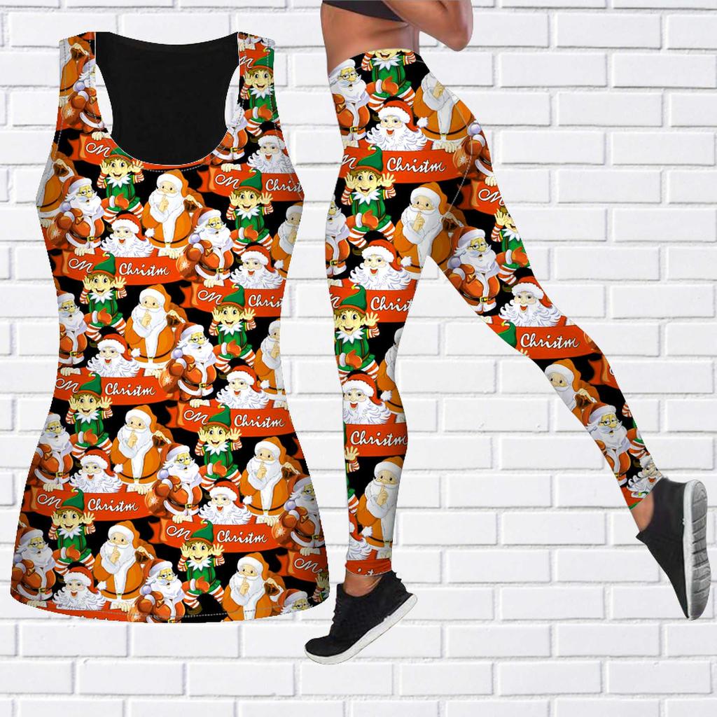 Lila Weihnachtsmann-Druck-Yoga-Outfit für Damen, modische Workout-Leggings, Fitness, Sport, lässige Yoga-Hose