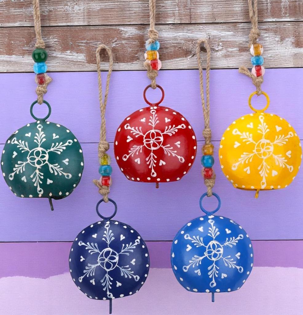 Set of 5 Handmade 4 Inch Boho Cow Bells Set with Jute Hanger, Vintage Wind Chimes for Farmhouse Wall Decor and Spiritual Witch Bells Protection