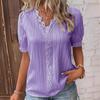 Women V Neck Lace Hollow Blouse Puff Short Sleeve Pleated Shirt Elegant Commuter Summer Casual Tops for Vacation Daily Wear