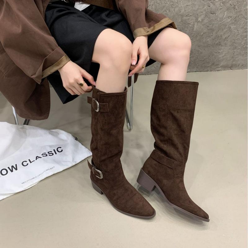 2025 New Fashion British Style Belt Buckle Splicing Western Cowboy Boots Pointed Head Thick Heel Sleeve Fashion Knight