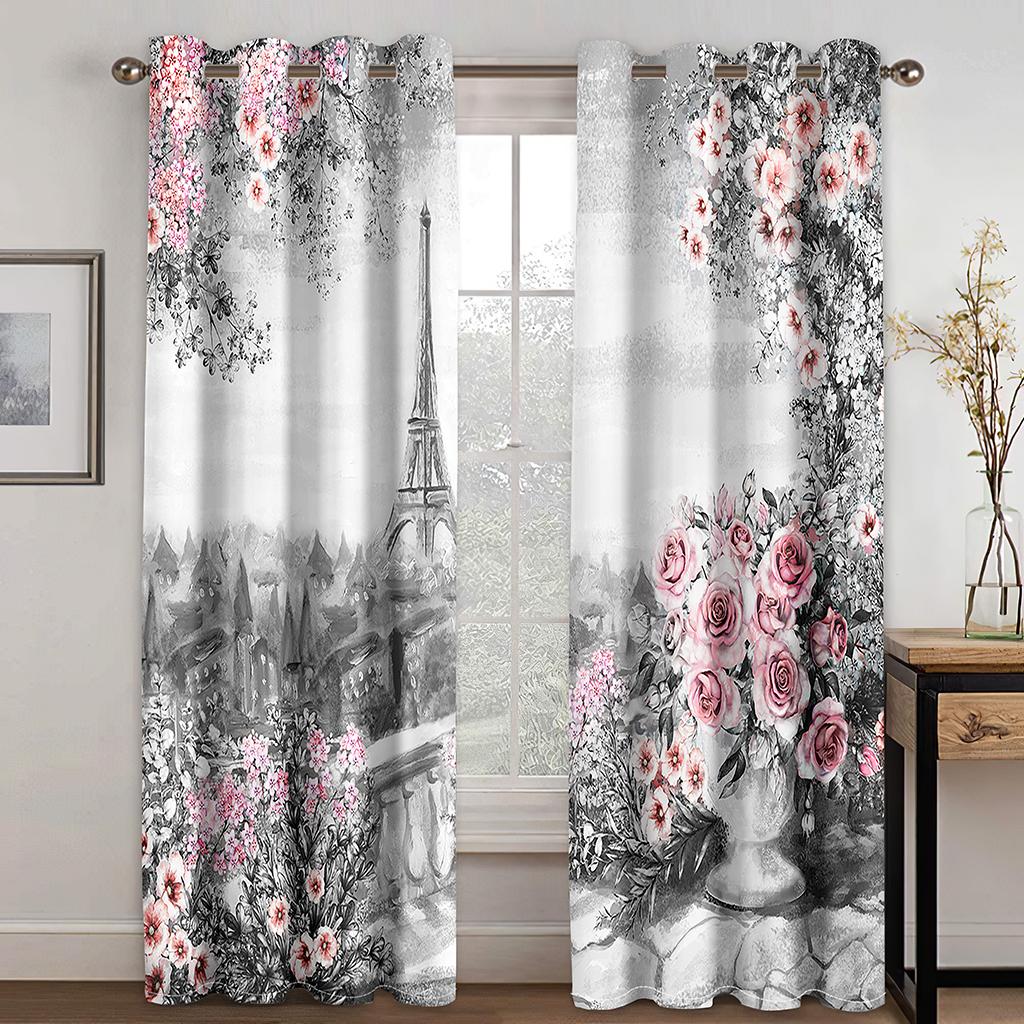 Oil Painting Style Flowers Cherry Blossom Ready-made Thin Window Curtains For KidsBedroom Living Room Bathroom Kicthen Door Hall