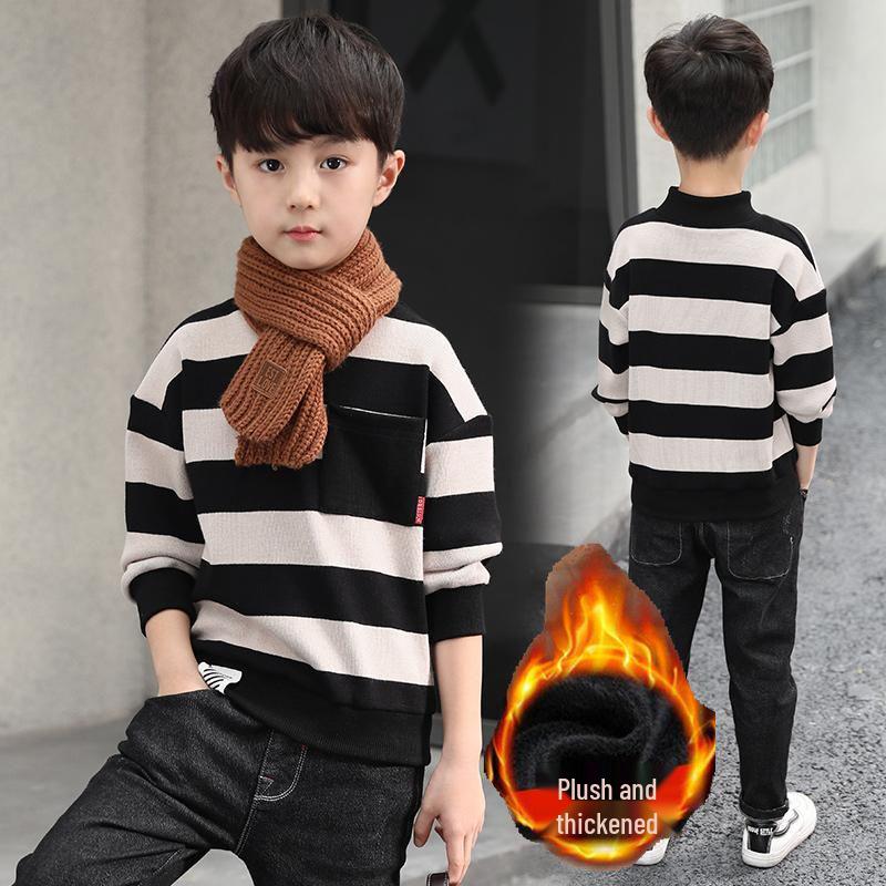 Boys' High-Neck Fleece Sweater - Thick Knitted, Trendy Base Layer for Autumn/Winter 2025