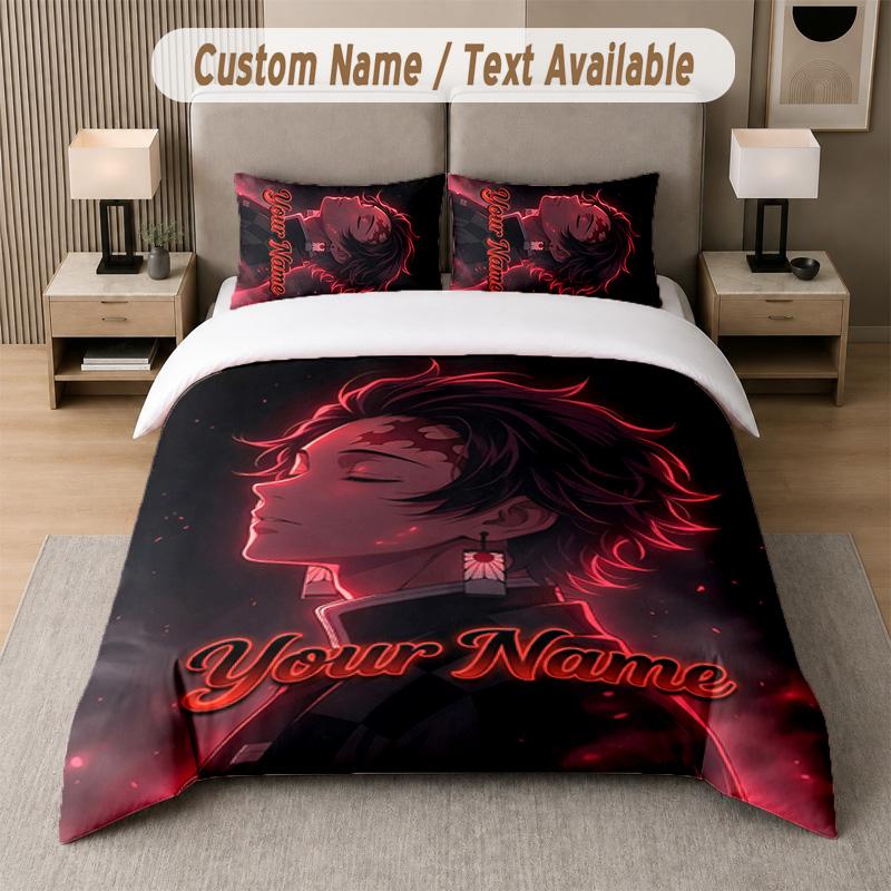 Demon Slayer 3Pcs Bedding Set, Personalized Custom Name Text, 1 Duvet Cover & 2 Pillowcases For Bedroom