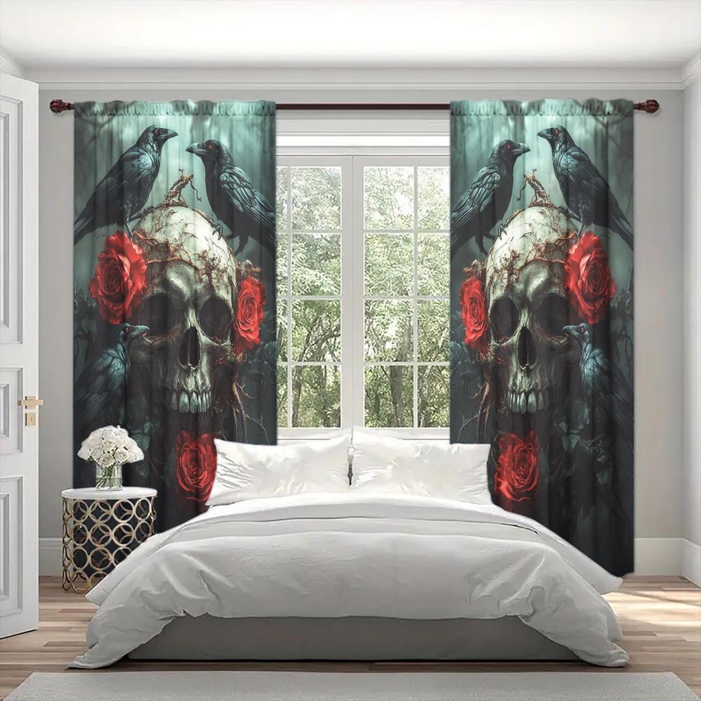 2 Panels Gothic Style Rose Skeleton Pattern Window Curtains   Half Blackout Suitable for Artistic Home Decorative Curtains