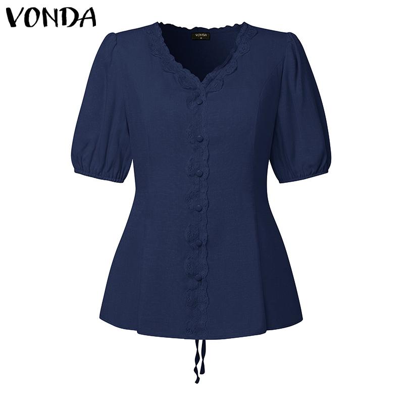 

VONDA Women V Neck Short Sleeve Back Lace-up Crochet Hem Casual Blouse 5XL темно-синий