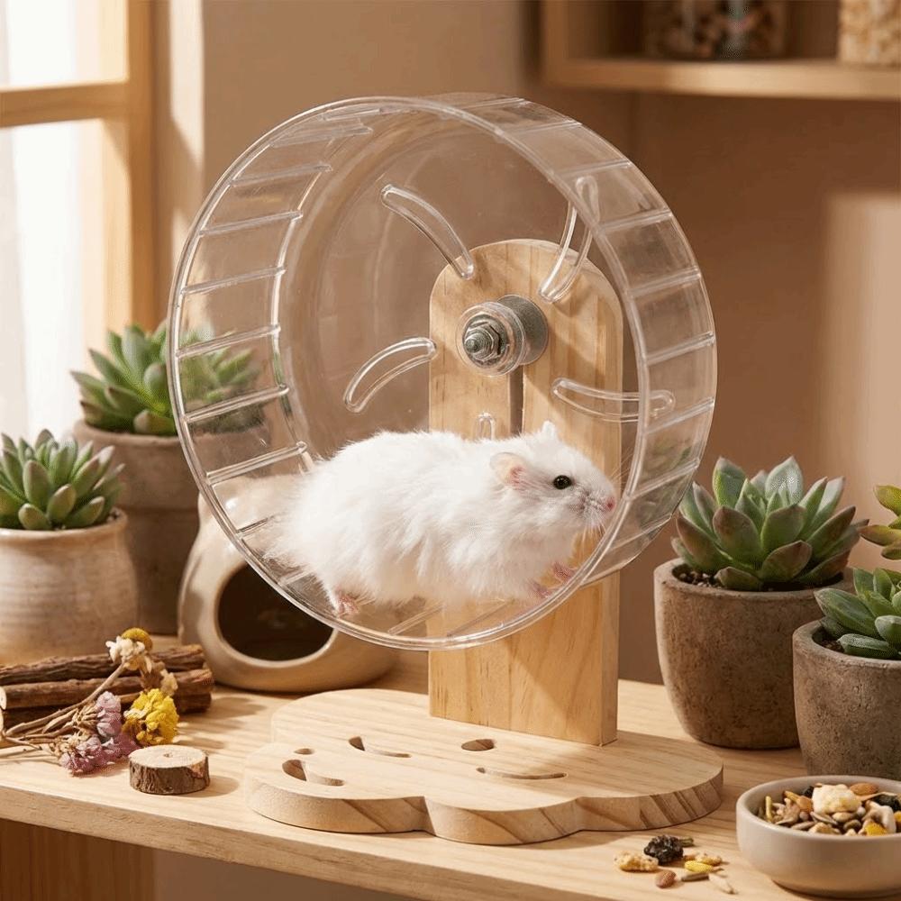 Transparent Hamster Exercise Wheel Wooden Stand Hamster Running Stand Pet Exercise Toy  Golden Bear
