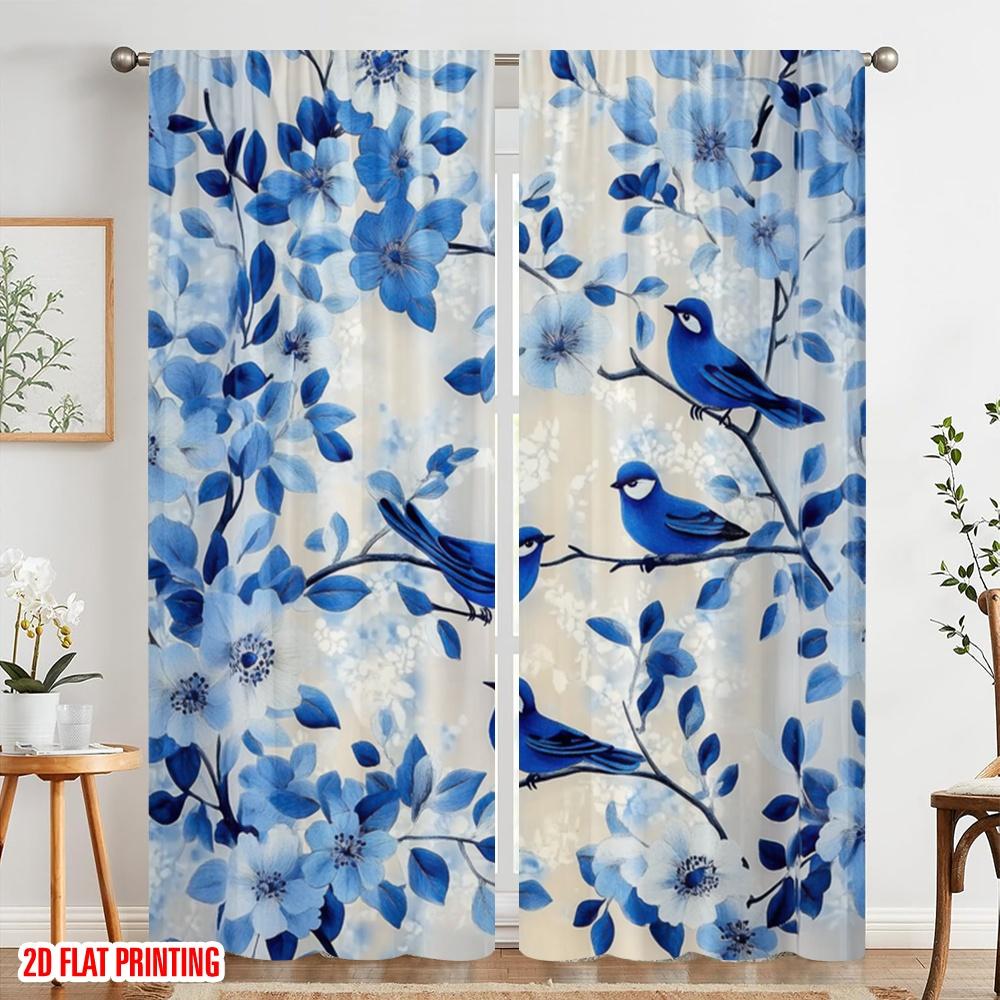2pcs,2D plane printing Light Filtering Curtains Bluebird Blossoms 100% Polyester (without rod) Festive for Bedroom Living Room