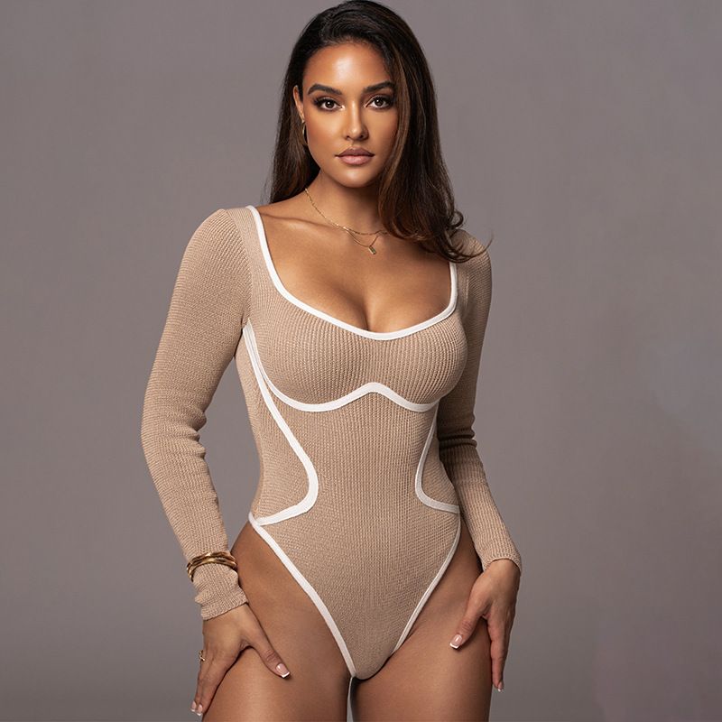 

Else Fashion Women s New Stripes Contrast Color Fashion All-Match Sexy Sexy Tight Long Sleeves Jumpsuit T-shirt for Women Khaki L