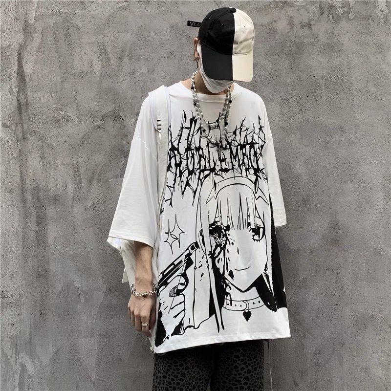 Men Anime T-shirt Summer Dark Tee High Street Gothic Skull Tshirt Loose Oversized Short-sleeved Tshirt Streetwear Top