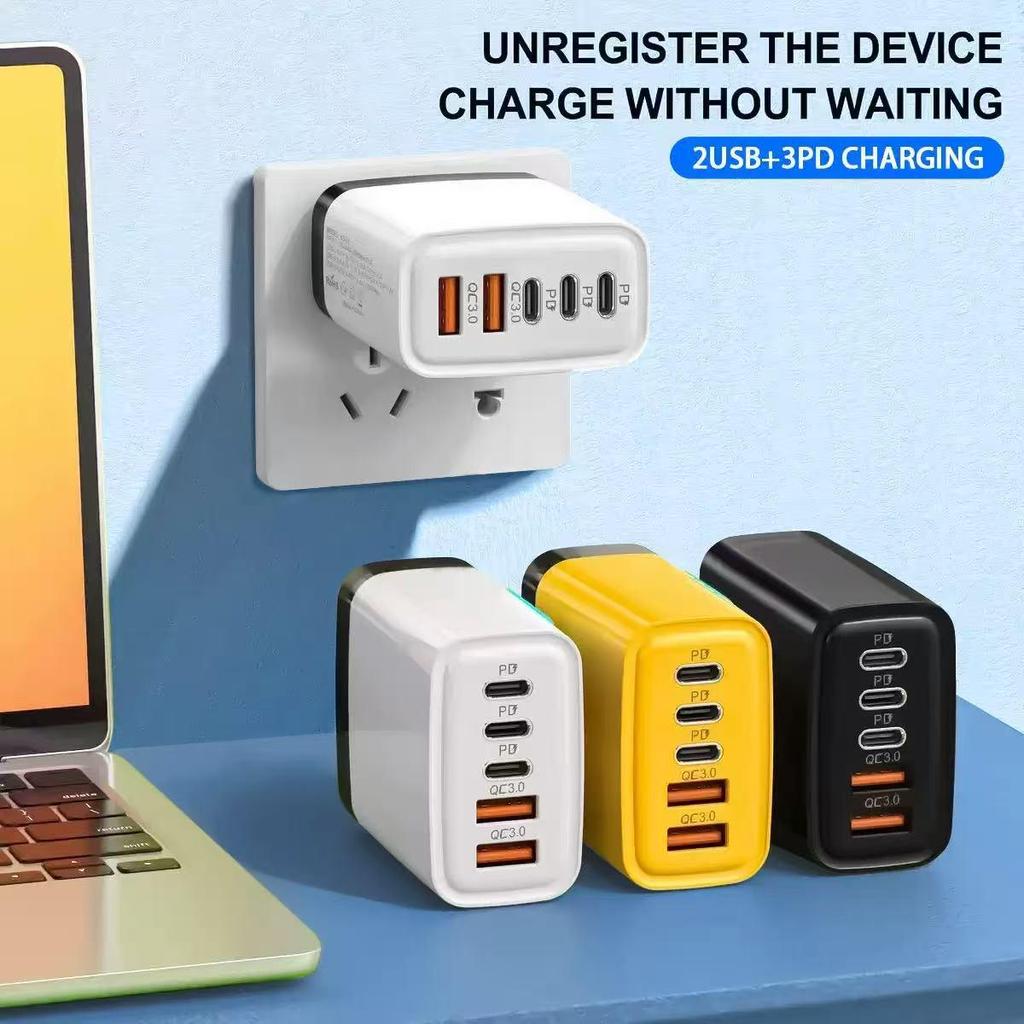 240W Multi-Port Charger with Lights, 3 USB-C PD + 2 USB, US/EU Plug, Compatible with Apple & Huawei Devices