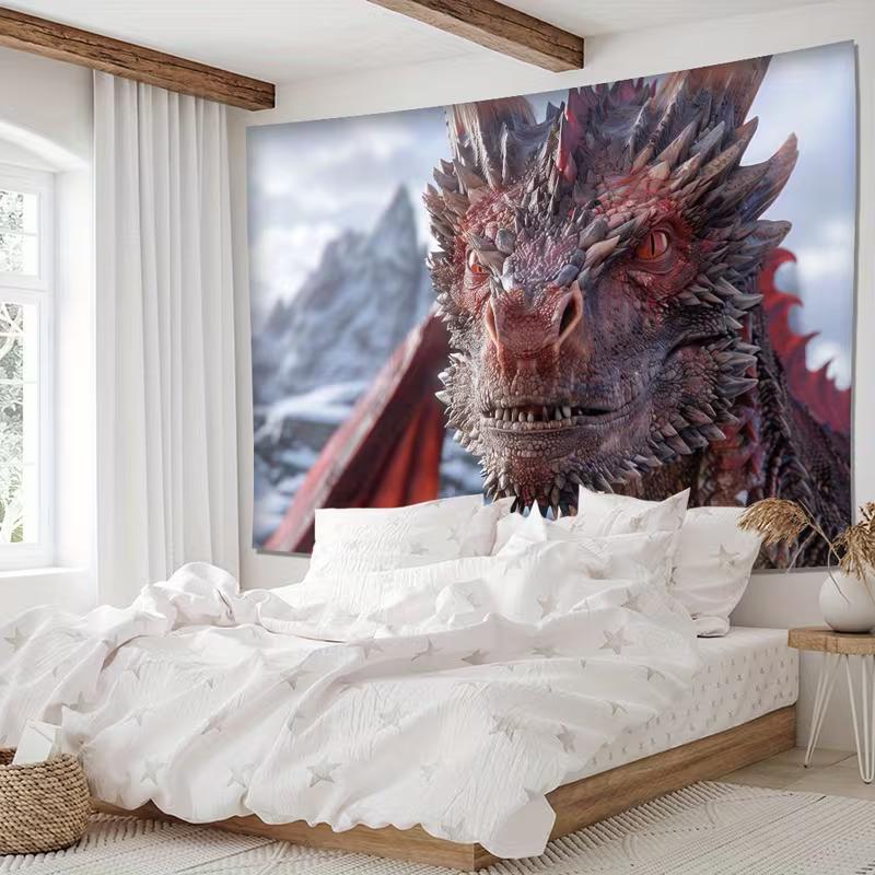 2D Red Fire Dragon Fantasy Wall Tapestry Ice Snow Mountain Scene Wall Hanging for Bedroom Living Room Home Decor