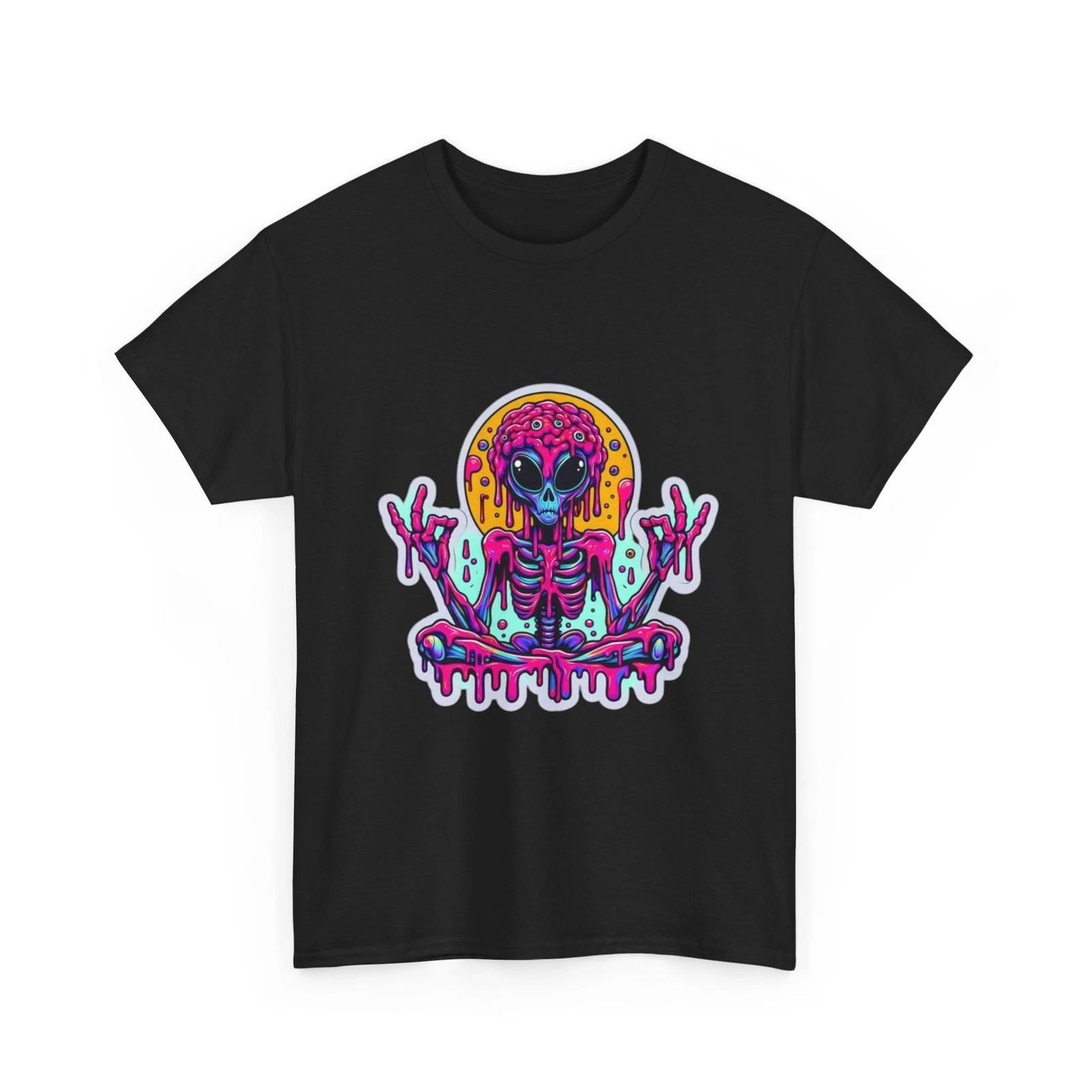 Психоделическая футболка с изображением инопланетного скелета, неоновая, космическая, для медитации, с графикой  Мозговая капля L