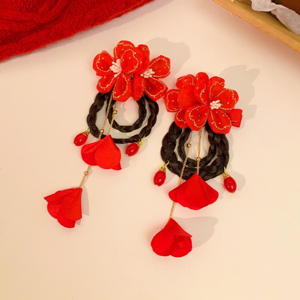 Wig Plush Ball Hairpin Ribbon Princess Forehead Chain Sweet Red Bow Hair Clip Women