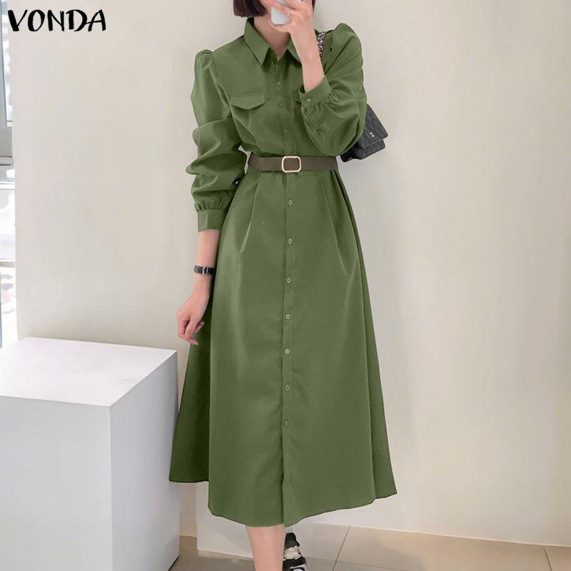 VONDA Women Turn Down Collar Casual 3/4 Sleeve Loose Office Shirts Dress Work Wear