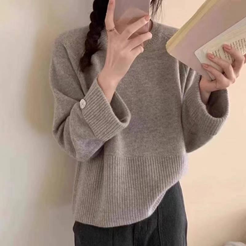 Höst och Vinter Lös Enfärgad Rundhalsad Tröja Pullover Tröja Stickad Tröja Koreansk Version Ytterkläder