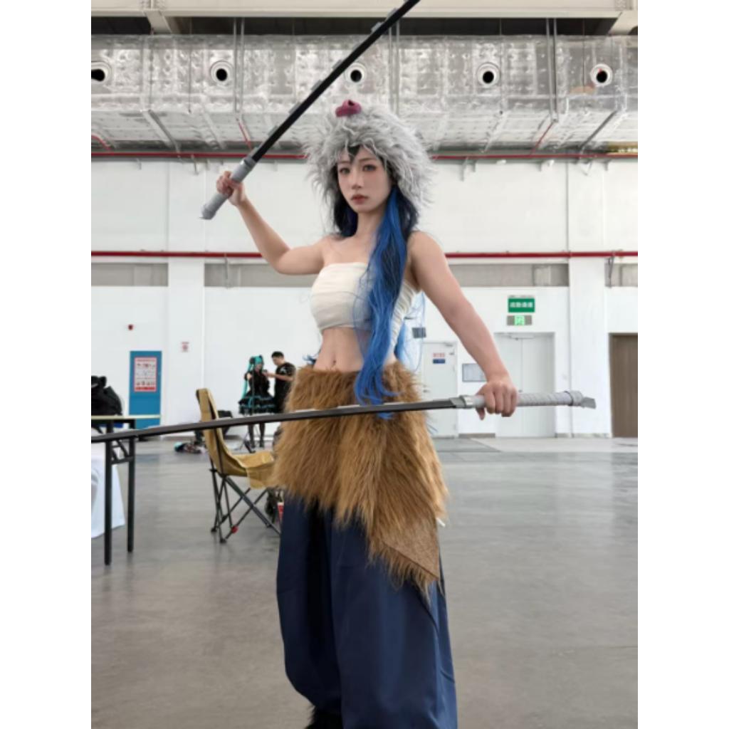 Anime Kimetsu No Yaiba Hashibira Inosuke Cosplay Kostüm Paket mit Hose, Kostüm, Demon Slayer Hose und Schürzenmasken
