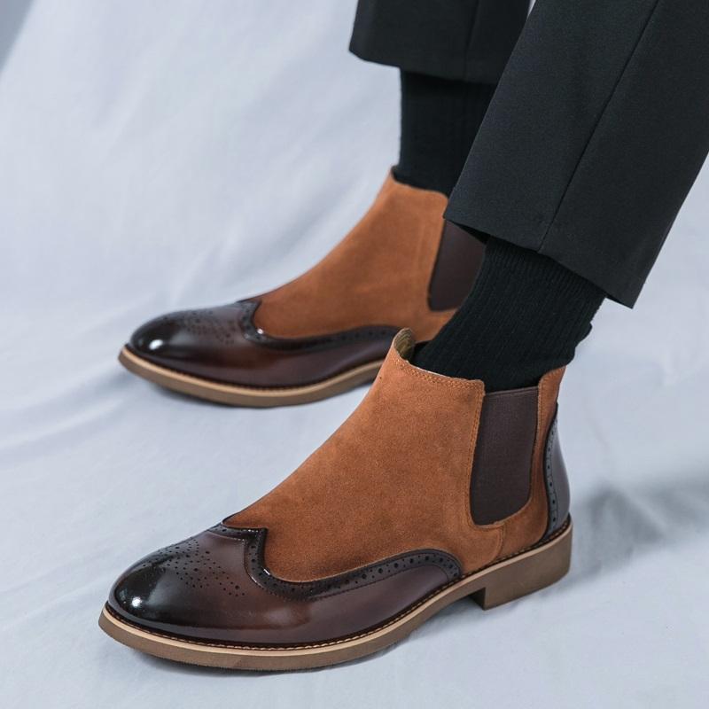 Luxury Designer Winter High Tops Pointed Patent Leather Chelsea Ankle Boots For Men's Flats Mixed Patchwork Shoes Zapatos Hombre
