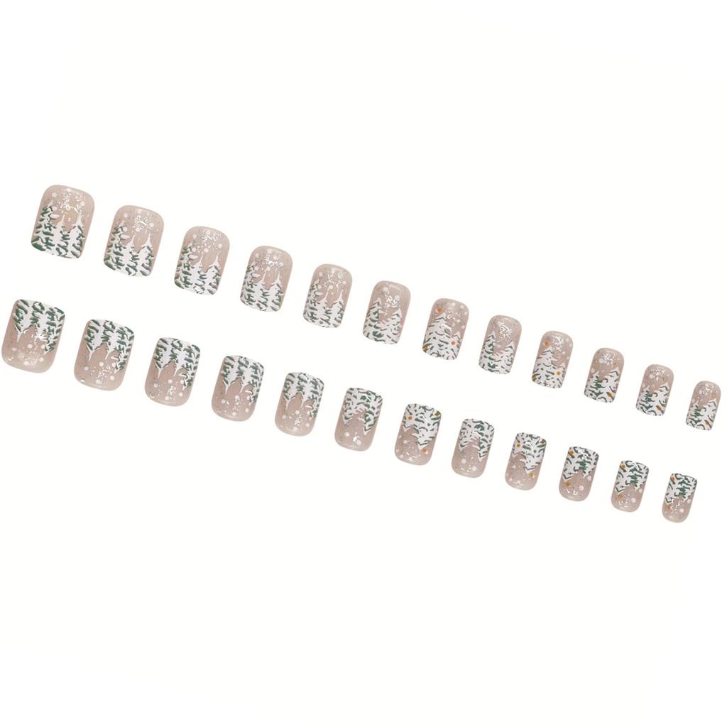 24 st Julgran Press On Nagel Kort Fyrkantig Lösnagel Full Täckning Stick on Nagel Fransk Snöflinga Akrylnagel