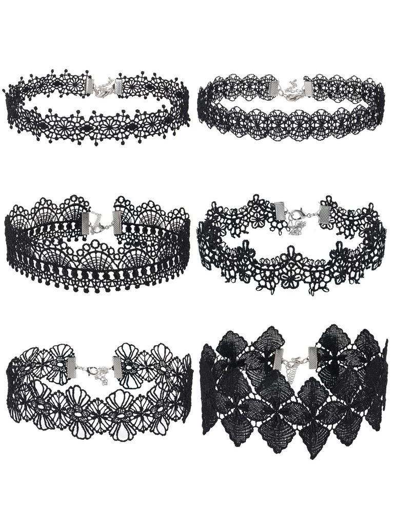 Mudder Choker Necklace, Black, Halloween Choker, Lace Gothic Necklace, Women's, Black, 6 Pieces