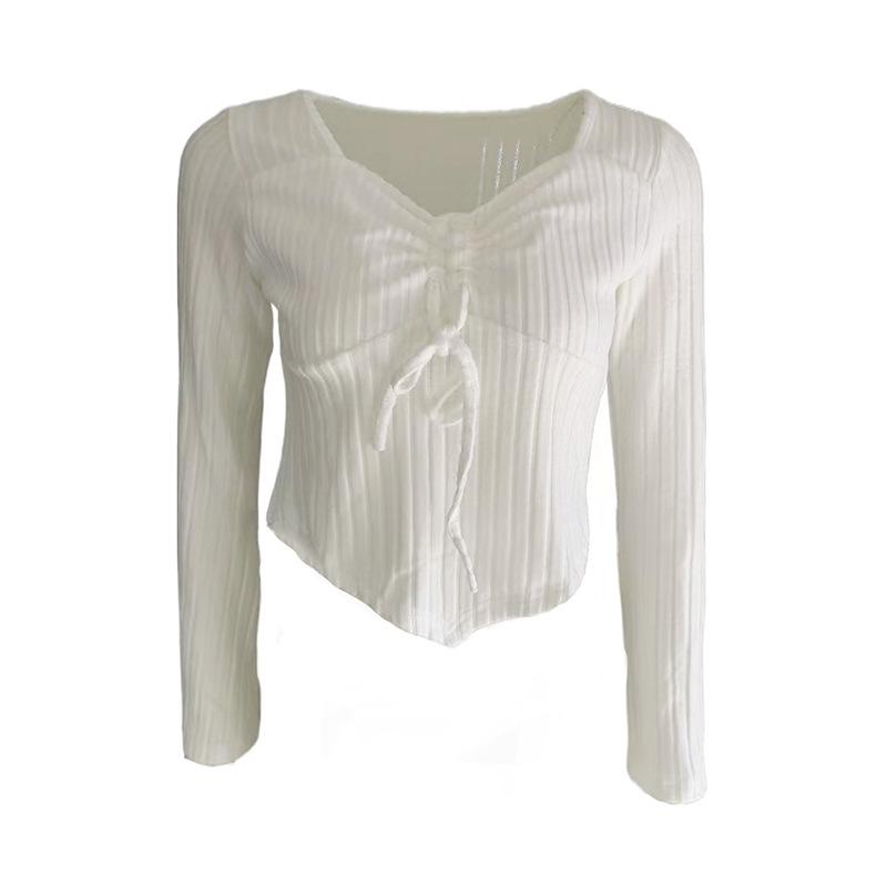 Women s top, sexy pleated knitted slim-fit flared long-sleeved t-shirt S