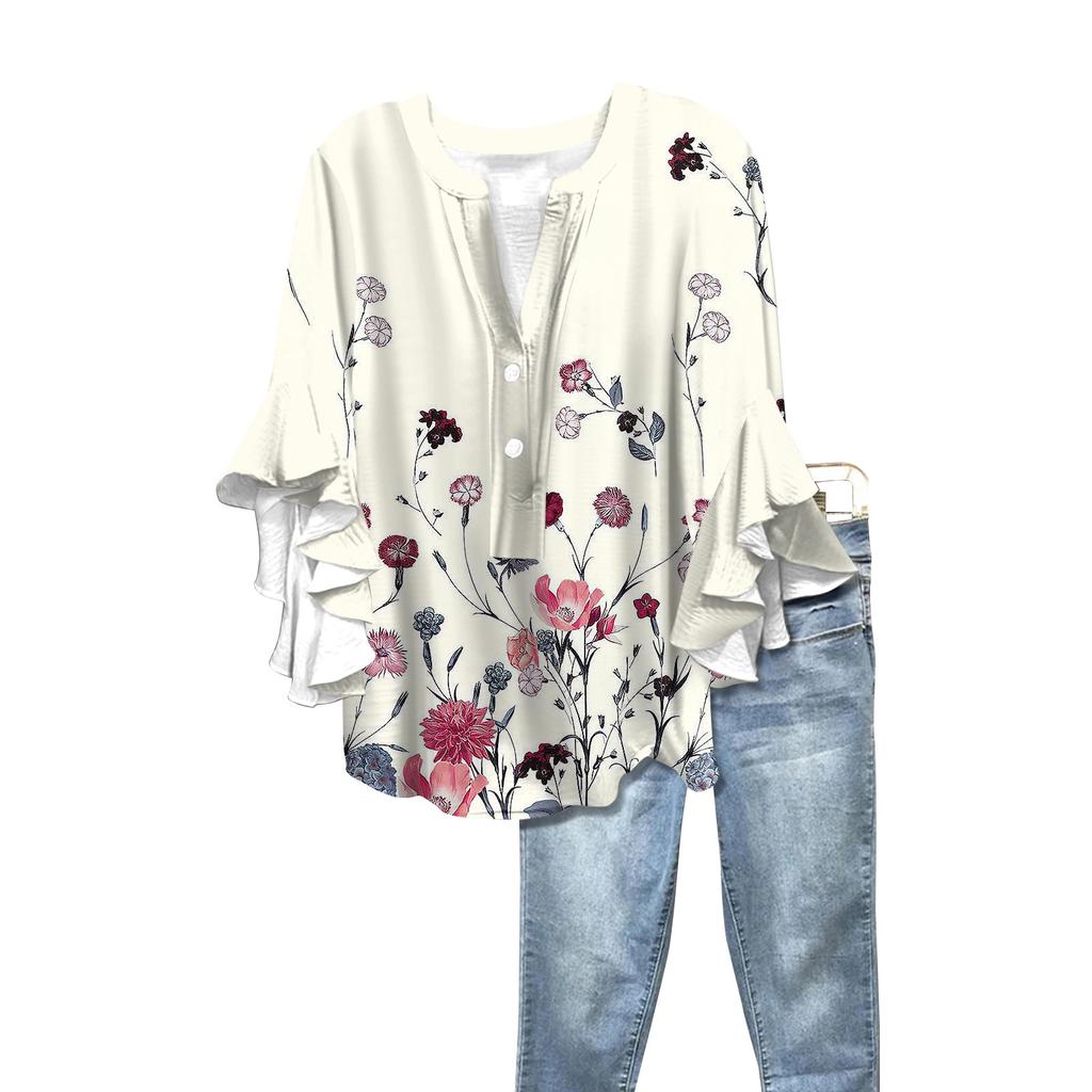 Summer Women's Tops V-Neck Seven Sleeve Shirt Spring Summer Floral Printed Tops Casual Shirt