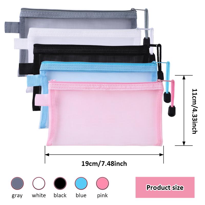 10pcs Transparent Mesh Cosmetics Makeup Bag Multifunctional Zipper File Bag Organizer (5 Colors