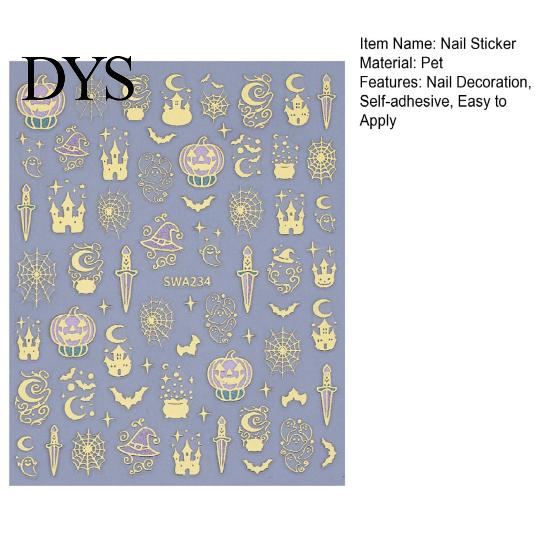Holiday Nail Stickers Halloween 3D Art Stickers, Metallic Golden Pumpkin Ghost Spider Web DIY Supplies Witch Hat Decals, Self-Adhesive Manicure