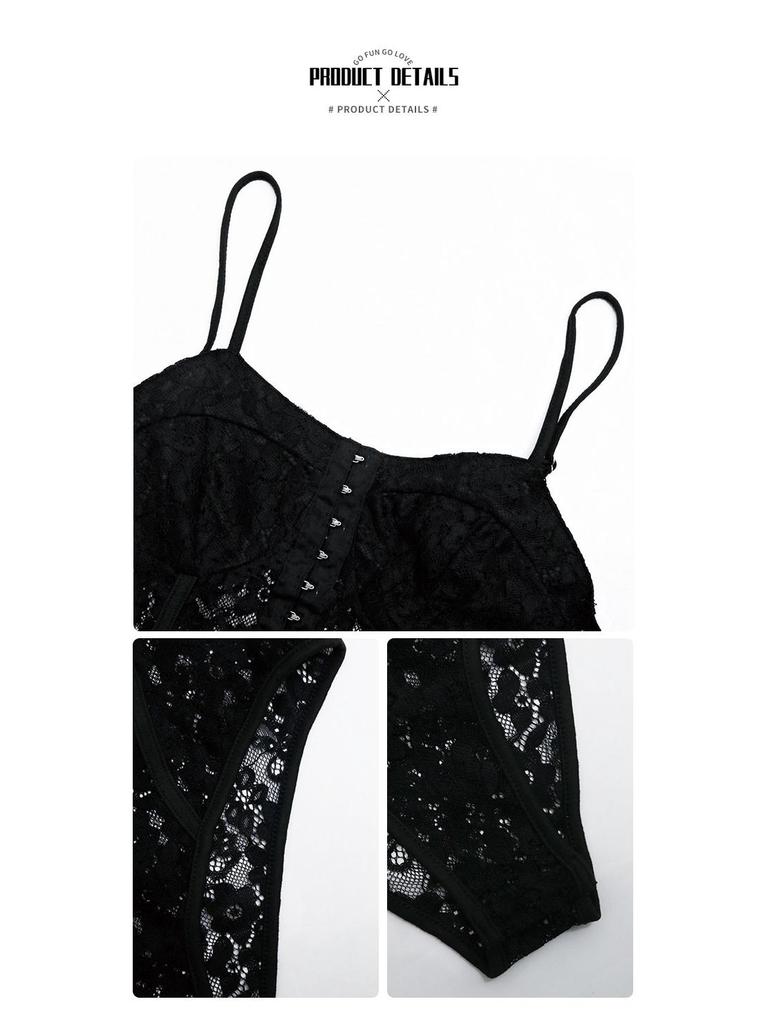 2026 European & American Sexy Slim-Fit Black Lace Button Camisole Bodysuit for Women
