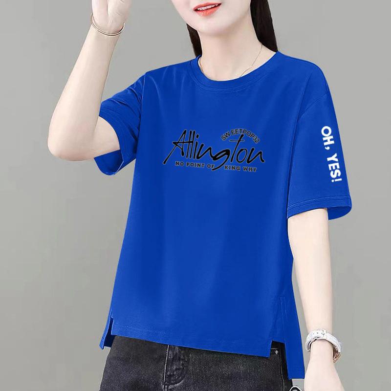 

Women s Korean Style Summer Tee: Short Sleeve, Round Neck, Loose Fit, Printed Design, Spliced Slit Hem. 3XL (suggested 135-150 jin)