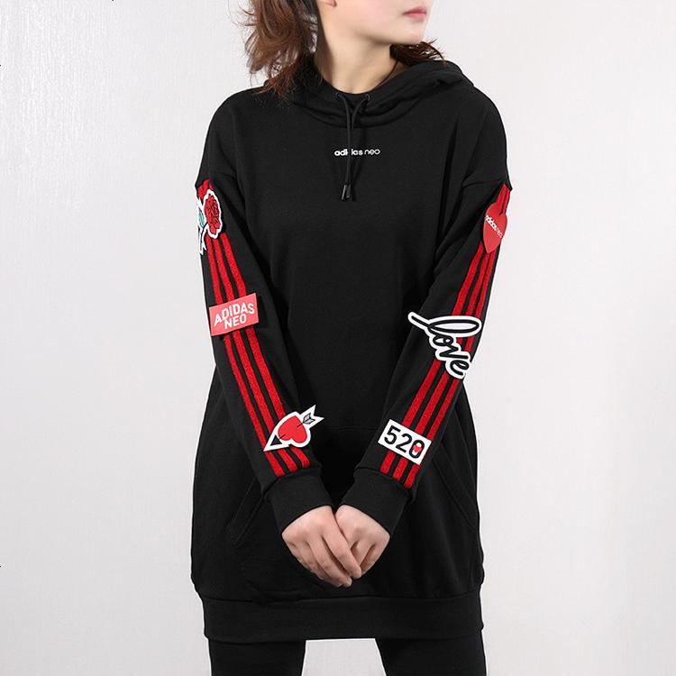 adidas Neo Casual Sports Mid-Length Hooded Pullover American Vintage Sweatshirt Women Sweatshirt Black EI4444