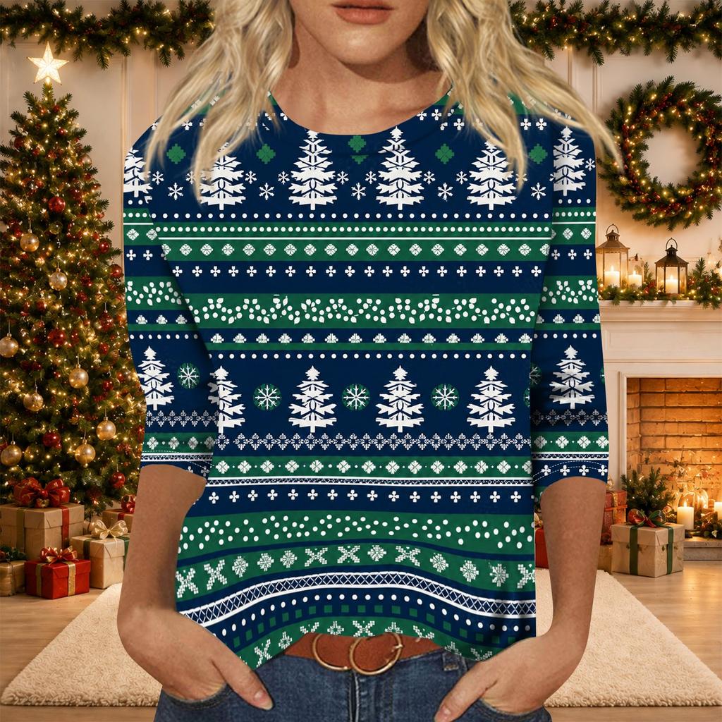 Women's Casual 3/4 Sleeve Neck Christmas Print Top with Festive Holiday Design
