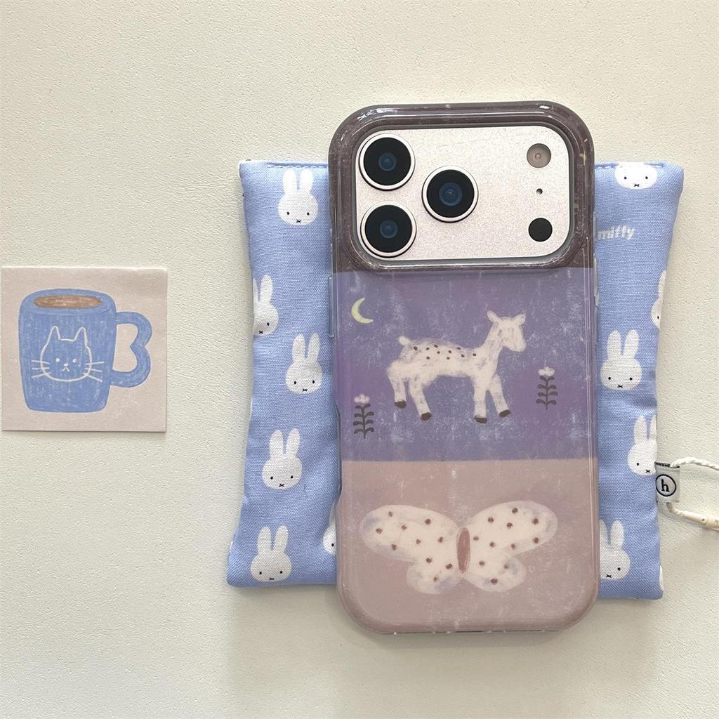 Cartoon Patchwork Little Deer Butterfly iPhone 14/13/12/11/SE/XS/8 Case, Anti-Fall, Apple Pro/Max Compatible