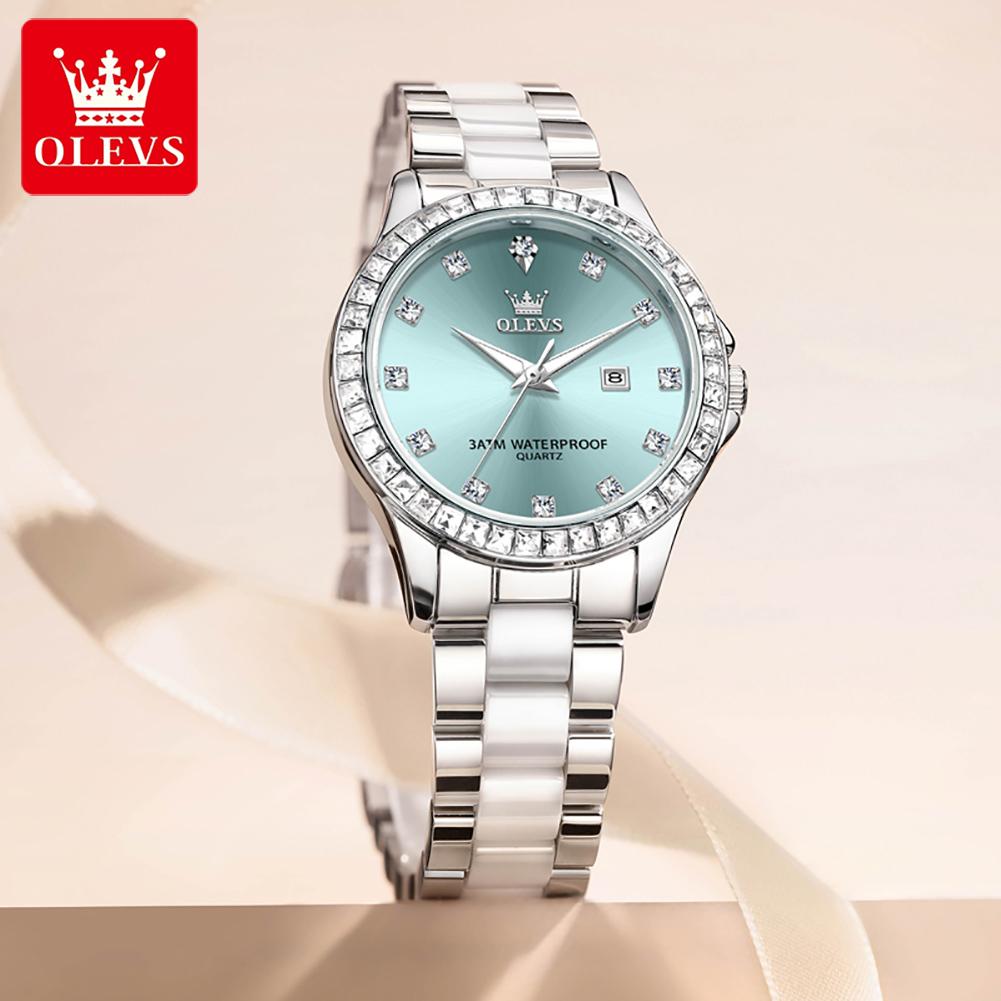 OLEVS Quartz Wristwatch Elegant Luxury Ceramics Strap Waterproof Auto Date Diamond Bezel Watch for Women