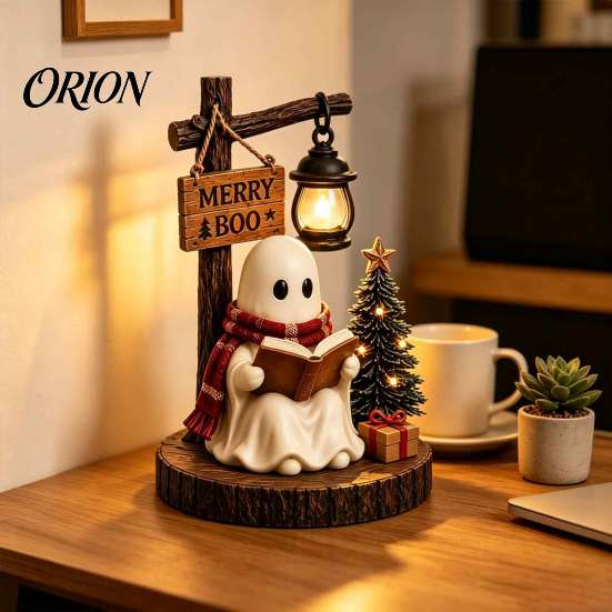 Funny Ghost Statues Halloween Figurine, Vintage Cozy Reading Book/Walking Dog Statue with Lantern, Resin Decorations Light Up Spooky Tabletop Ornament