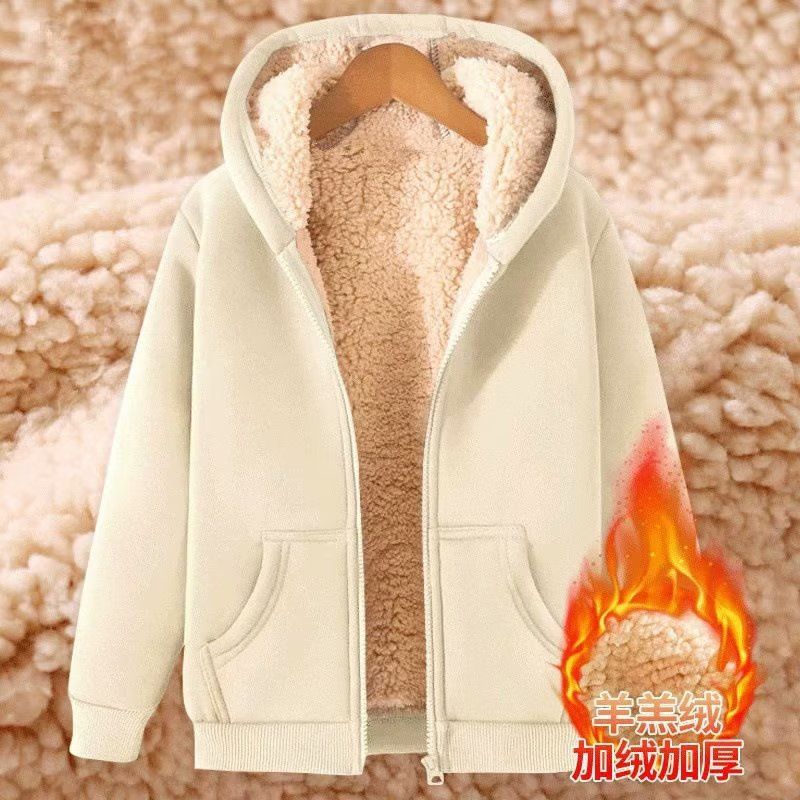 Solid Color Hooded Cardigan Men's Autumn Winter Sheep Plush Coat Thickened Fleece Lined Long Sleeve Hoodie Sweatshirt