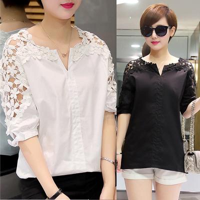 Women Solid Color Hollow Out Blouse Women Casual Cotton Half Sleeve V-neck Shirts Tops