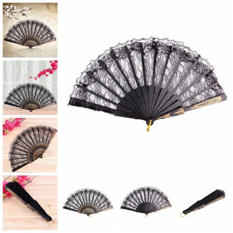 Black Spanish Style Dance Party Wedding Lace Silk Folding Hand Held Flower Fan