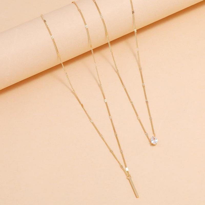 Teardrop Rhinestone Double-Layered Clavicle Necklace with Long Bar Pendant