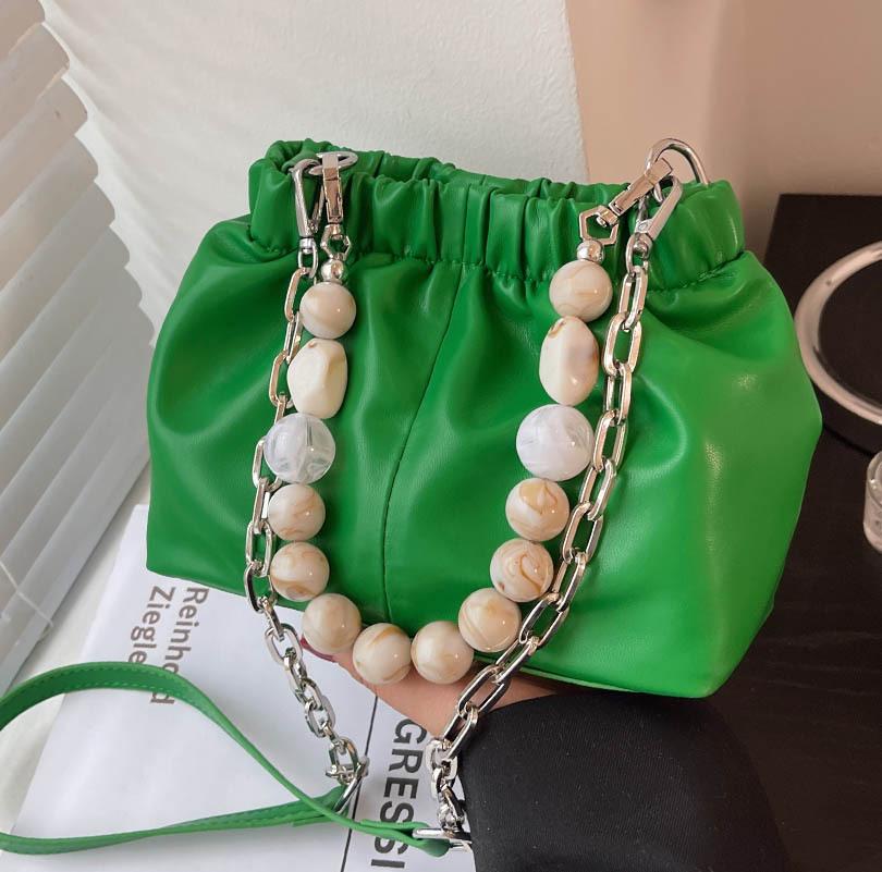 Cheap Women's Fashion Beads Shoulder Bag Solid Bucket Bag Metal Chain