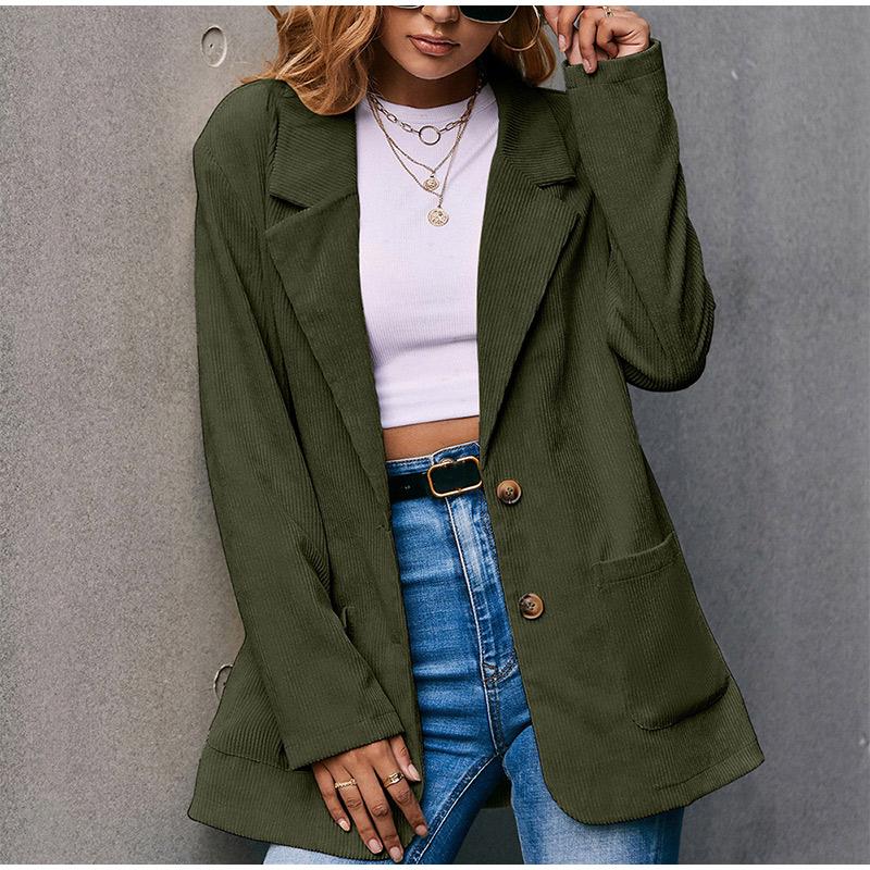Corduroy Women Coat Autumn Winter Solid Color Long Sleeve Coats with Pockets Buttons Business Lady Outwear