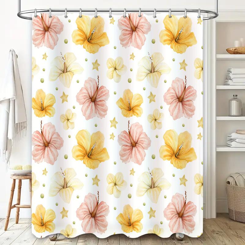 Floral Bathroom Decor Shower Curtain Waterproof Fabric with Vibrant Hibiscus Design Pink Yellow Color Scheme for Bath Decoration