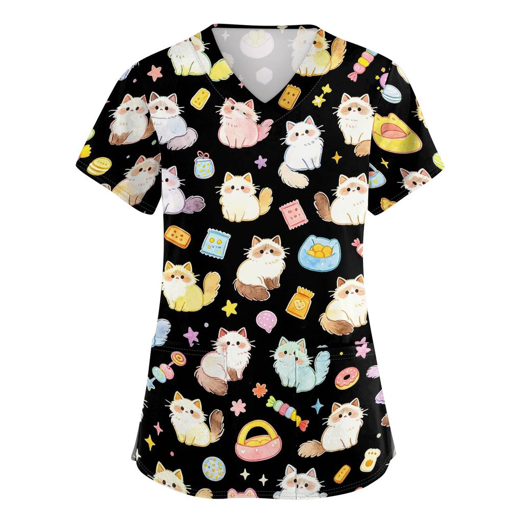 Women's V Neck Short Sleeve Work Top with Pockets Animal Print Medical Scrub Shirt for Healthcare Professionals Comfortable Fit