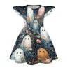 Girls Halloween Dress Flutter Sleeve Dress Ghost Print Patchwork Dress Kids Party Dress A-Line Dress for Toddler and Little Girls