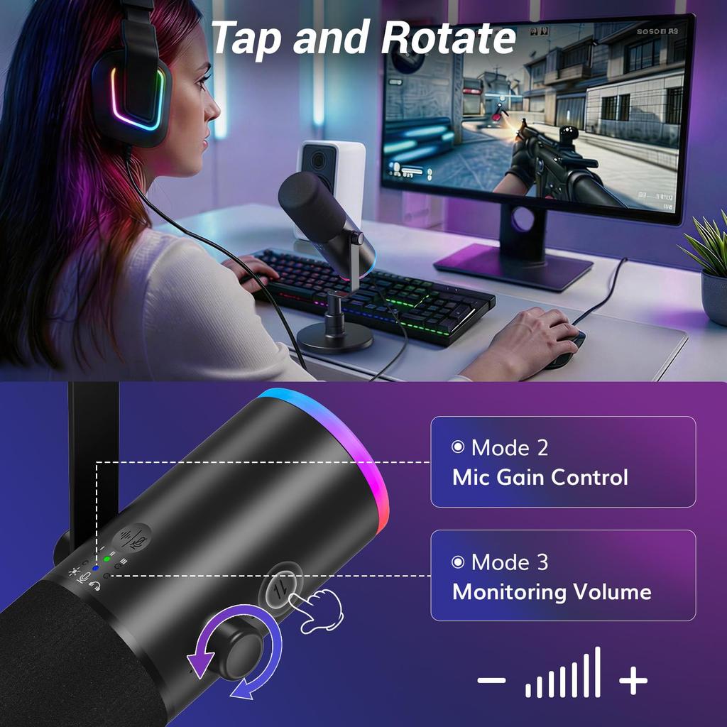 TONOR Dynamic TD510 AIR S USB/XLR Microphone, Unidirectional, PC/PS4/PS5 Compatible, RGB, Gaming/Streaming Use, Black,