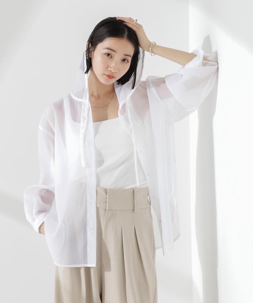 Nano Universe Sheer Hooded F Women's Shirt, 030, White, 673-5120316