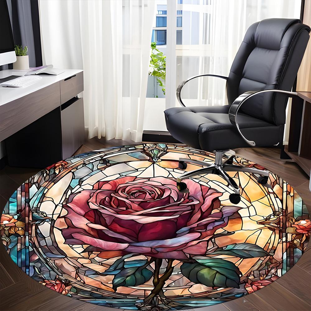 1pc Rose StainedGlass Office Round Area Rug, Under Office Chairs Bedroom Living Room Home Decor, Room Deco
