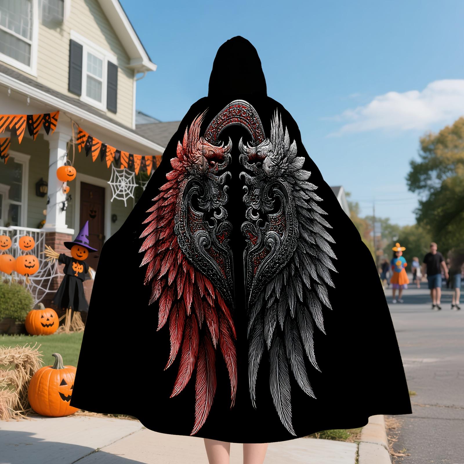 

Унисекс Хэллоуинский плащ с капюшоном и дизайном черных и белых крыльев - Красный текстурированный полиэстеровый плащ для дьявола, ведьмы, волшебника One Size