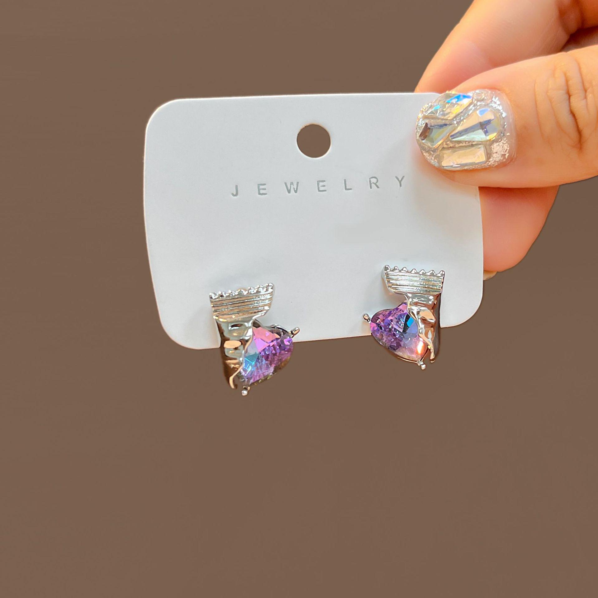 

Silver Zircon Purple Heart Stud Earrings - Unique Design, Cold Style