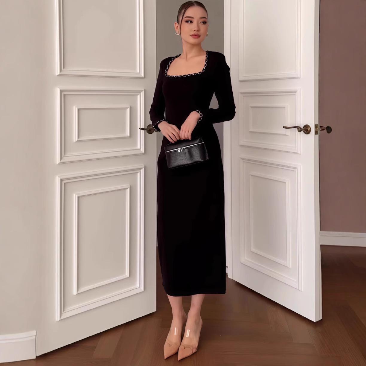 2025 European & American Autumn French Black Slimming Long Dress XXL