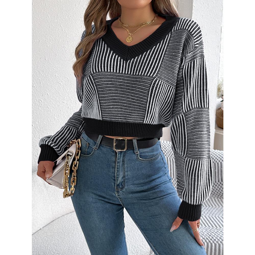 Women's Sweatshirt - Autumn/Winter Casual Striped Bell-Sleeve Pullover Cropped Knitwear
